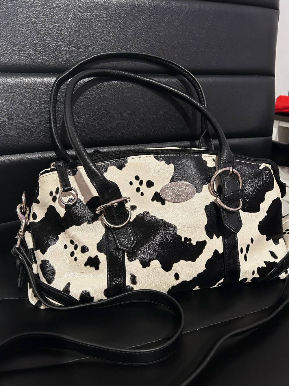 Vintage Dooney & Bourke Cow Print Satchel, Top Handle Bag with Detachable Strap - Picture 3 of 6